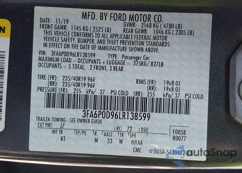 2020 Ford Fusion Titanium из США, поврежденный, VIN 3FA6P0D96LR138599